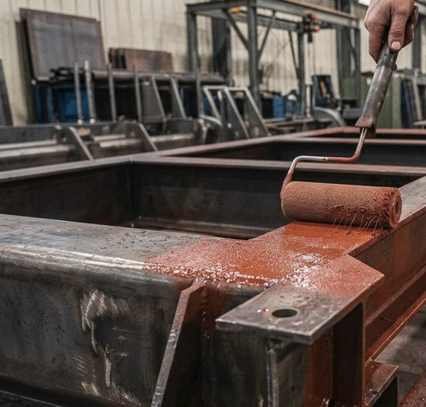 Applying primer by roller on steel fabrication