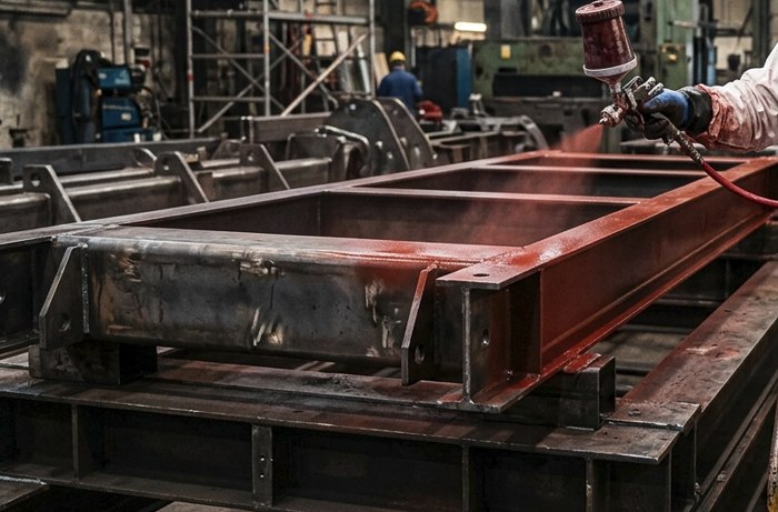 Primer spray application in a steel fabrication workshop