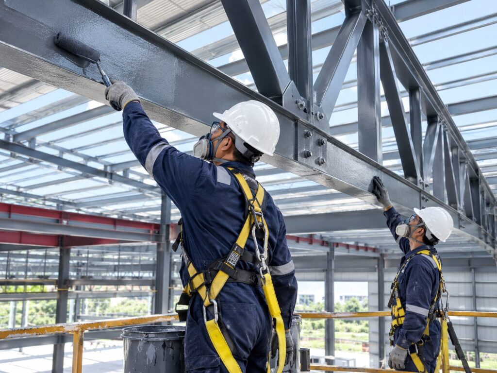 Workers in harnesses rolling coating onto a steel roof truss
