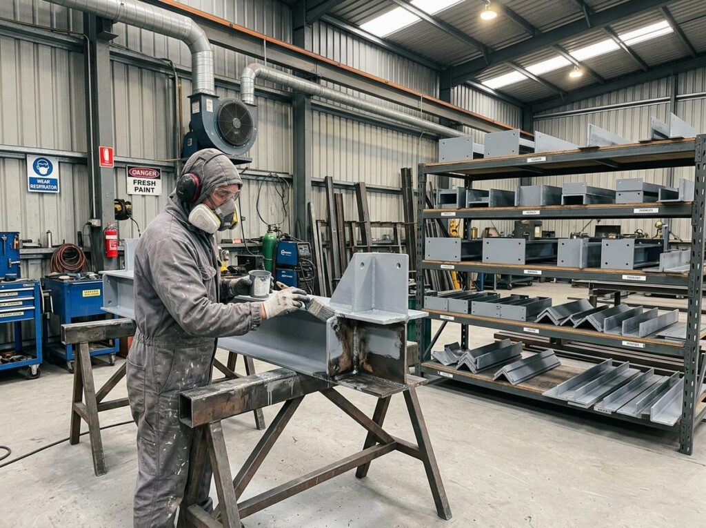 Worker brushing primer onto a welded steel component in a fabrication workshop